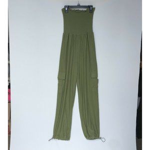 Tube Top Jumpsuit Small Green Jersey Boho Jogger Smocked Festival Hipster Indie‎